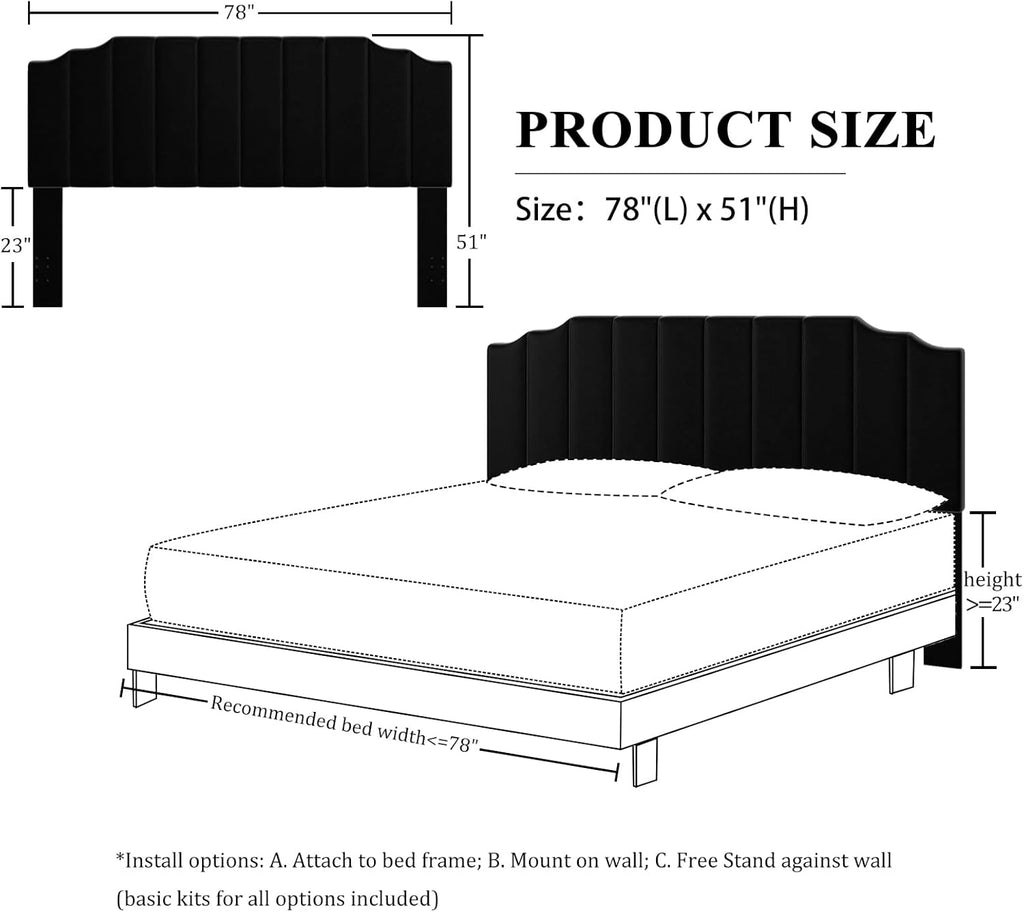King Headboard Only, Velvet Wall Mounted Headboard King for Adjustable Bed Modern Upholstered Head Board Easy Assembly