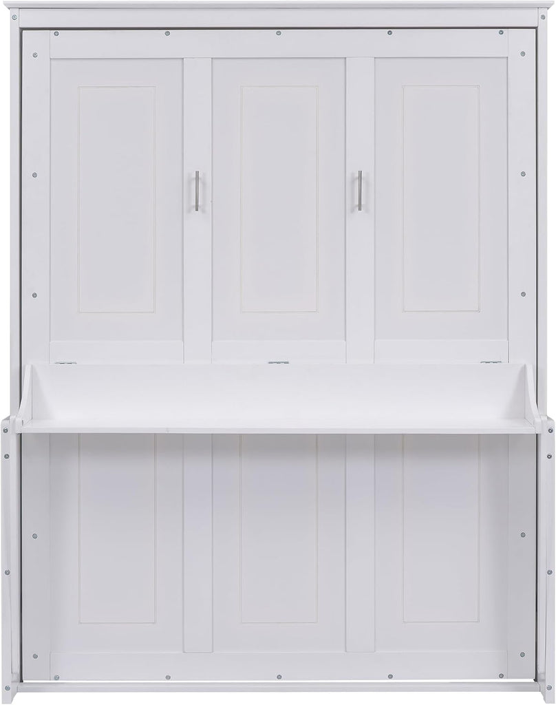 Queen Murphy Bed with Desk, Wood Hideaway Wall Bed Cabinet with Storage Shelves, Space-Saving Vertical Murphy Bed