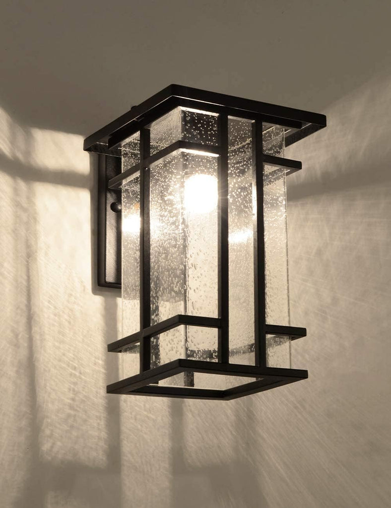 Rustic Dusk to Dawn Outdoor Wall Light Fixture 13.8"H Waterproof Exterior Wall Sconces Black Metal with Seeded Glass