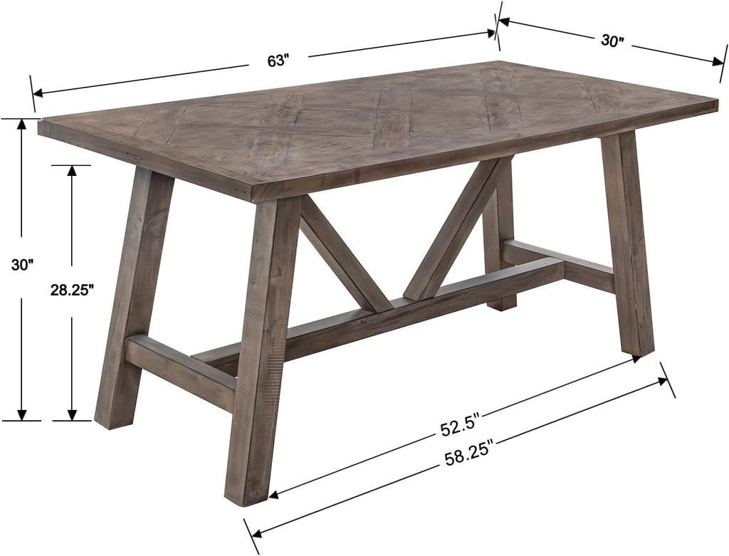 63“ Dining Table for 4 6 People Solid Wood Pine Dining Room Table Triangle Reinforced Base Rectangular Farmhouse