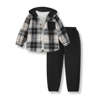Toddler Boys Outfits Plaid Hooded Sweatshirt & Casual Pants 2PCS Boys Fall Winter Clothes Set