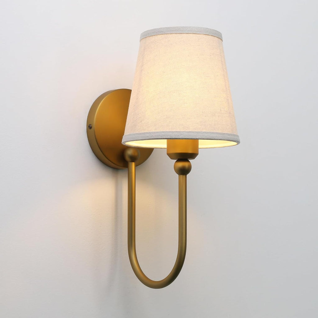 Antique Linen Fabric Wall Sconces Set of 2, Hardwired Curved Arm Bathroom Vanity Light, Indoor Wall Decor Lamp