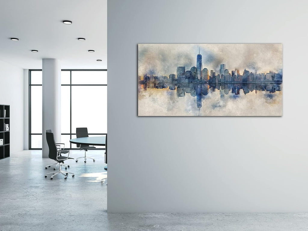 New York Skyline Wall Art Abstract City Reflection Canvas Picture Print Modern Gray Canvas Artwork
