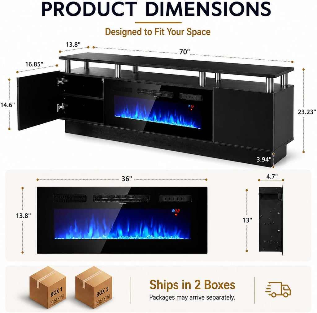 70" TV Stand for Living Room, Modern Entertainment Center & Media Console, Fits TVs up to 80", Storage Cabinet with Shelves, 36" Electric Fireplace with LED Flame (All Black)