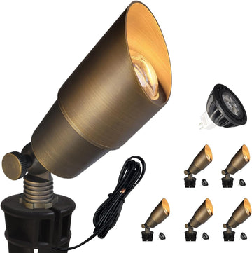 Brass Landscape Spotlights, 6 Pack Spot Lights Outdoor with 5W Aluminum Housing MR16 LED Bulb 2700K 450LM, 12V AC/DC