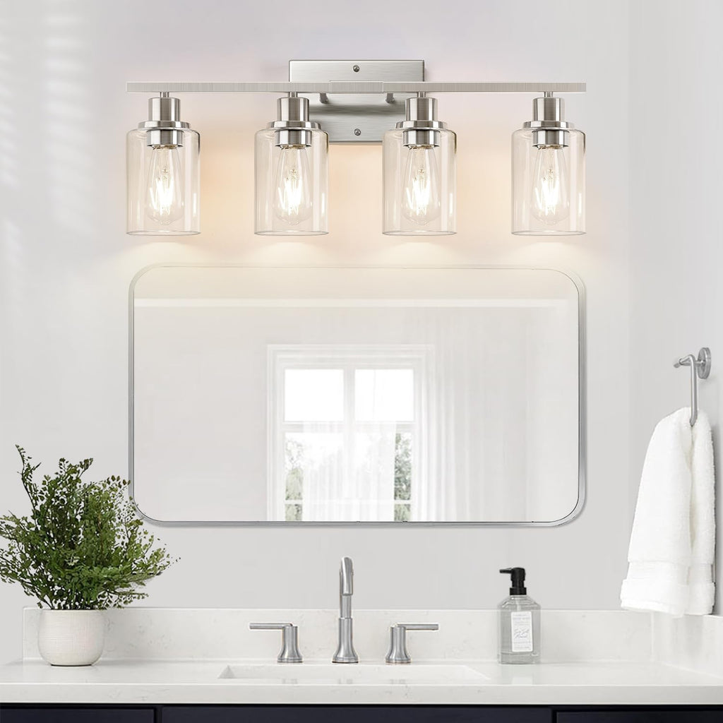 4-Light Bathroom Light Fixtures, Brushed Nickel Modern Vanity Lights with Clear Glass Shades, Bathroom Wall Lamp for