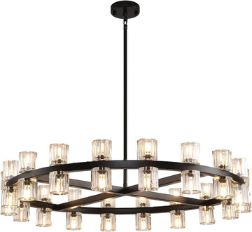 Arcachon K9 Crystal 36-Light Chandelier, 36" Black Round Chandeliers for Dining Room,Modern Farmhouse Wagon Wheel Chandeliers for Living Room, Chandelier for Bedroom,Includes G4 Bulbs