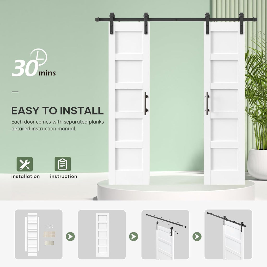 Double 18×84 Inch White Sliding Barn Door Slab with 6.6ft Hardware Kit Included, 5-Panel, MDF Wood P