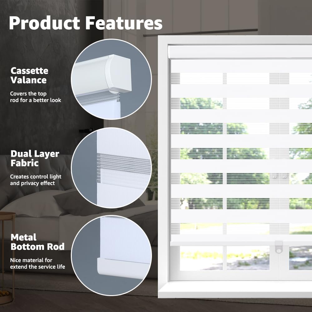 Cordless Zebra Blinds for Window & French Door, Free-Stop Roller Window Shades with Valance, 23" W x 90" H, Light