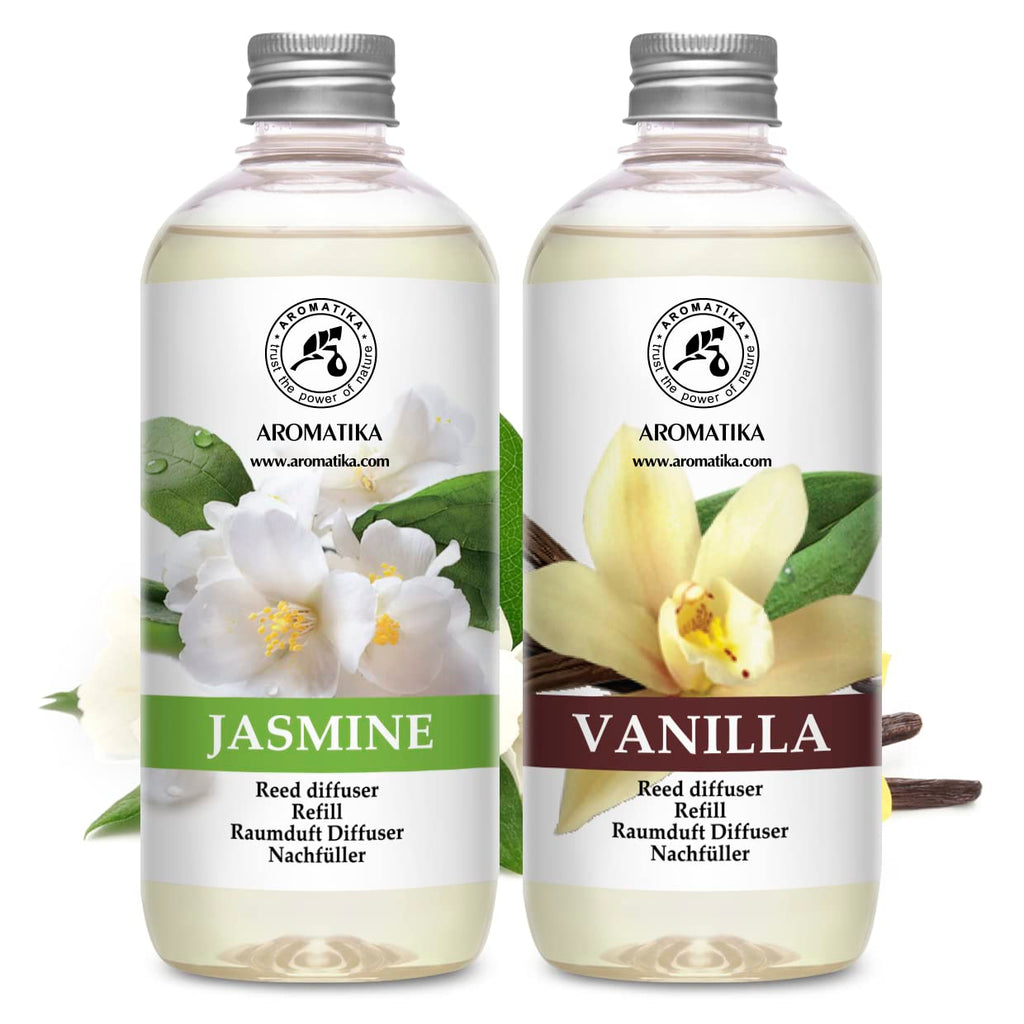 Reed Diffuser Refill Set Vanille & Jasmine with Jasmine Essential Oil 34 Fl Oz - 2 x 500ml - Fragrance Oil Reed