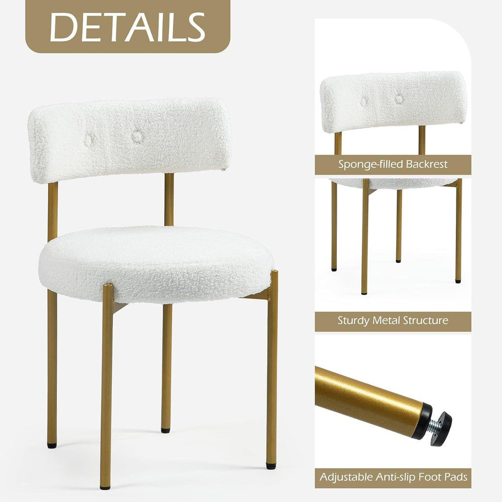 White Boucle Dining Chairs Set of 4, Modern Kitchen Chairs with Gold Metal Legs and Curved Backrest, Round Dining