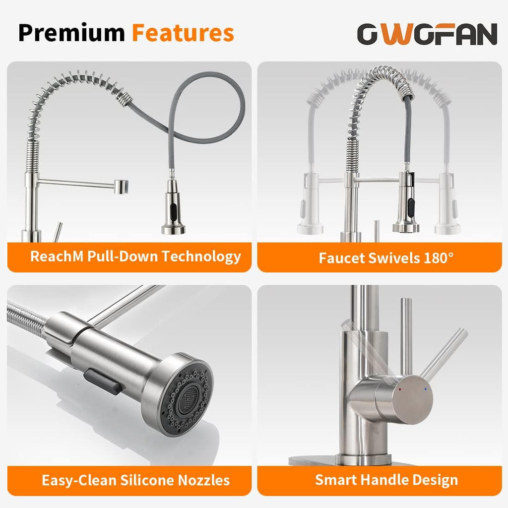 Kitchen Faucet with Pull Down Sprayer Brushed Nickel Stainless Steel 1 Handle Pull Out Spring Sink Faucets 1 Hole Or 3
