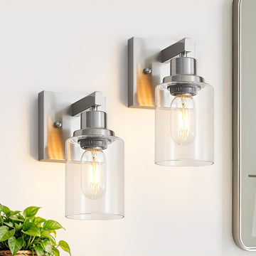 Bathroom Wall Sconces Set of 2,Brushed Nickel Wall Sconce,Vanity Light with Clear Glass Wall Mounted Light