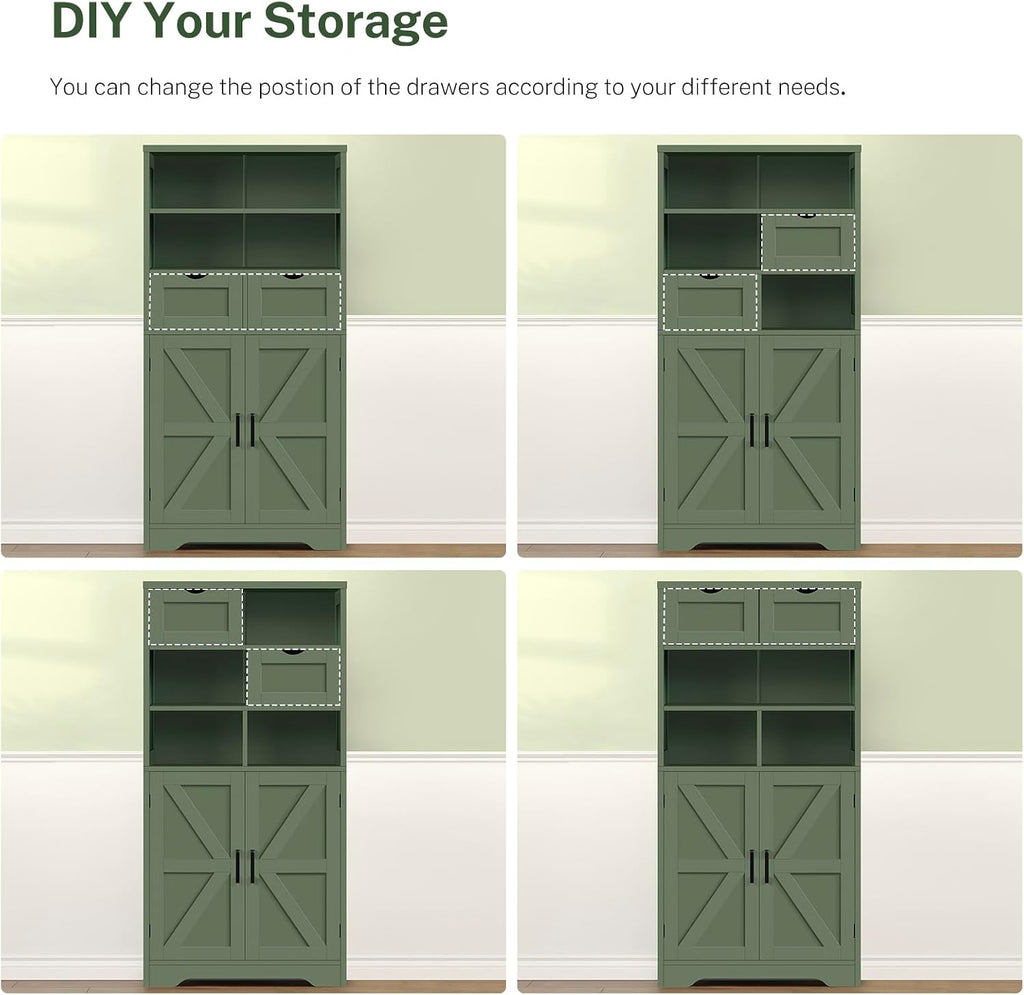 Bathroom Cabinet with Adjustable Shelf & 2 Drawers, Farmhouse Storage Cabinet with 2 Doors, Kitchen Storage Cabinets