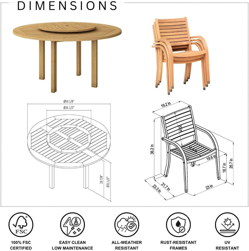 Powell 7-Piece Wood Patio Dining Set | Round Eucalyptus Table with Lazy Susan | Ideal for Outdoors