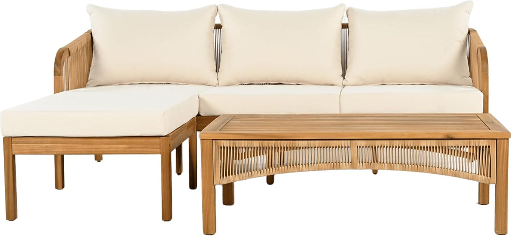 Havets 3 Pieces Acacia Wood Patio Furniture Set, Faux Rattan Sofa and Coffee Table, Outdoor Conversation Sets with 6"