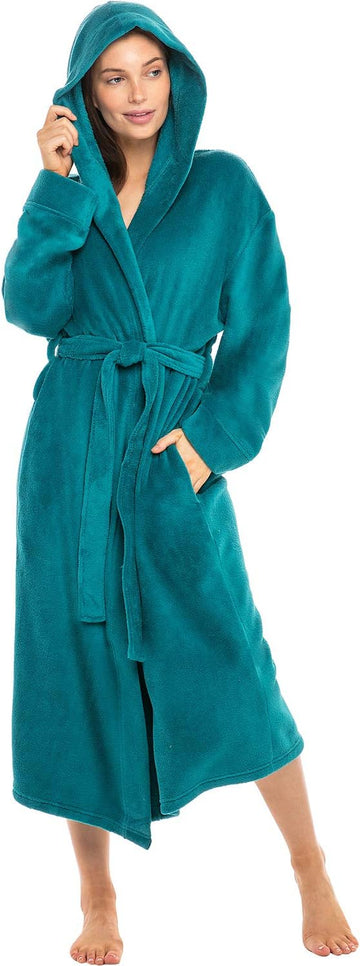Women's Plush Fleece Robe with Hood, Lightweight Hooded Bathrobe with Pockets