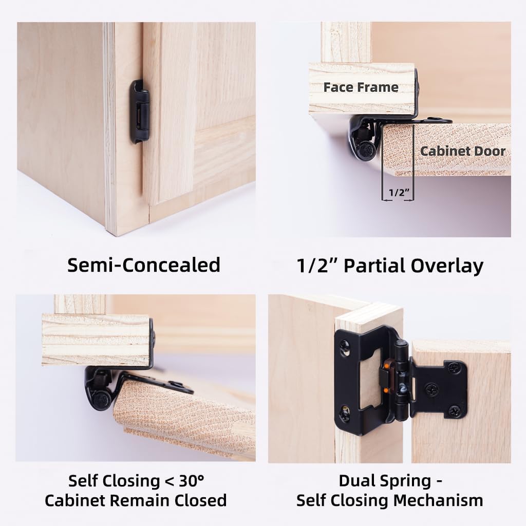 2 Pack 1/2" Overlay Black Cabinet Hinges for Cabint Doors (1 Pairs) - Partial Wrap Semi-Concealed Self-Closing Face