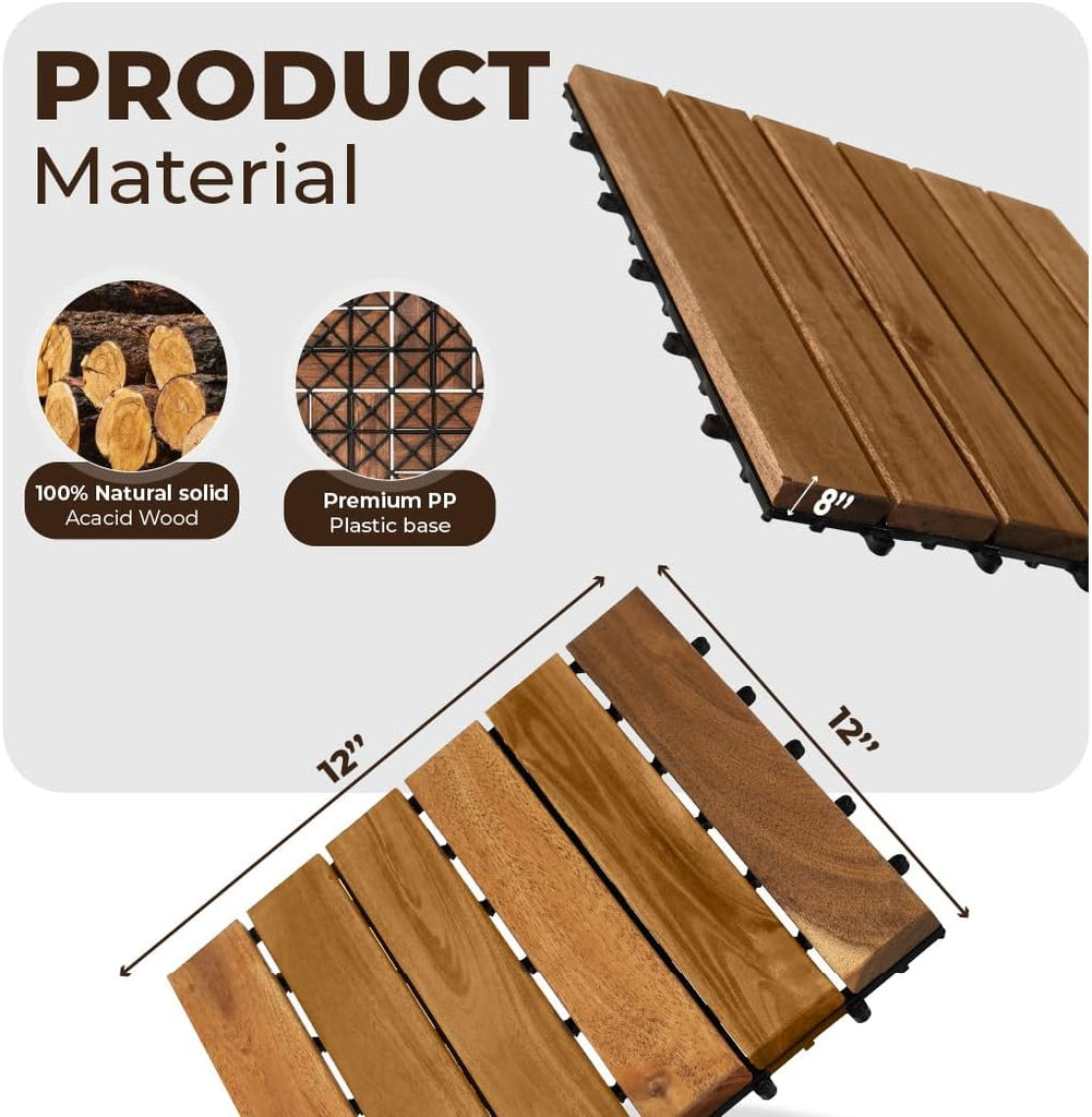 Pack of 10 Deck Tiles - 12"x12" Interlocking Natural Solid Acacia Wood for Outdoor & Indoor, Patio Garden, Balcony