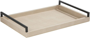 Sagala Ivory Shagreen Serving Tray for Ottoman, Faux Leather Wooden Decorative Tray with Black Handle for Coffee
