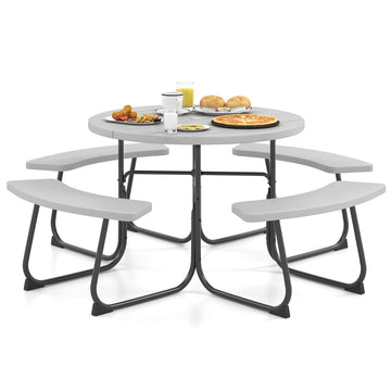 8-Person Picnic Table Bench Set with Umbrella Hole, 43" Outdoor Dining Table w/4 Benches, Wood-Like Texture Tabletop