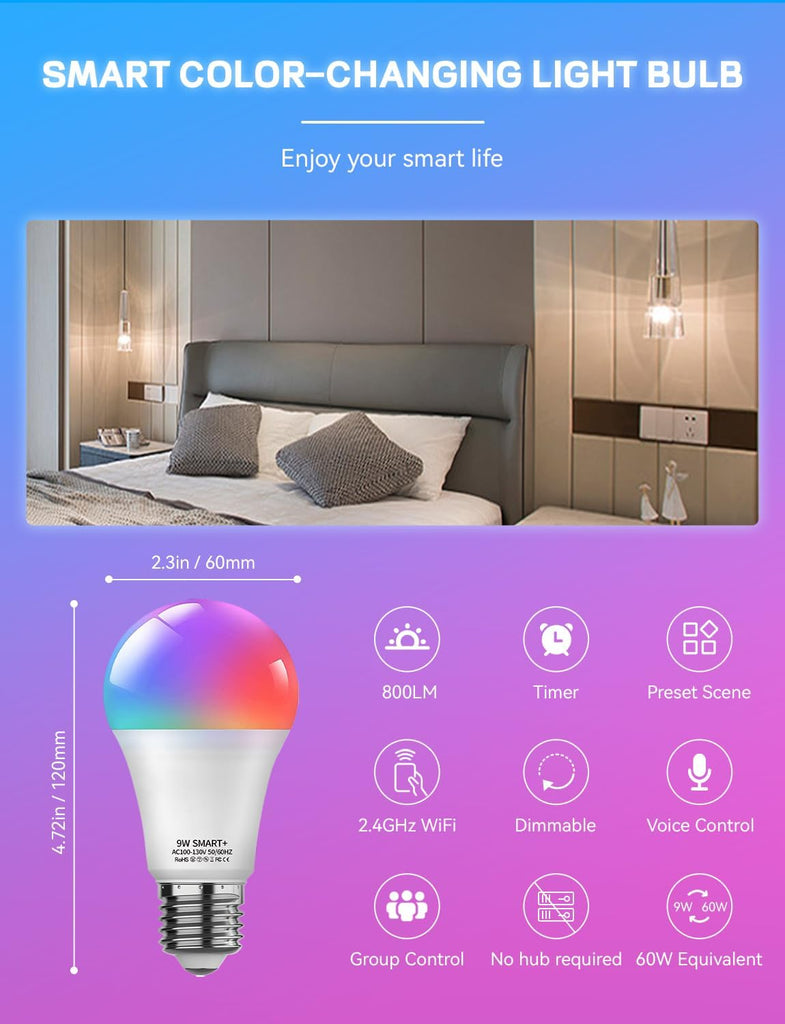 Smart Light Bulbs, WiFi & Bluetooth 5.0, Work with Alexa Google Assistant, App Control, Color Changing LED Bulb,E26 (4Pack)