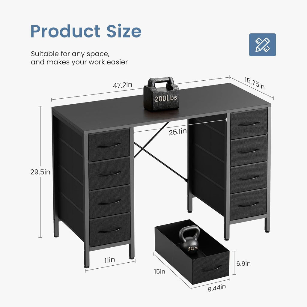47 Inch Computer Desk with 8 Fabric Drawers, Office Gaming Desk with Storage