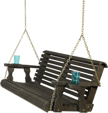 Casual Heavy Duty 700 Lb Capacity Porch Swing with Cup Holders (4 Foot, Semi-Solid Black Stain) - Wooden Outdoor Roll