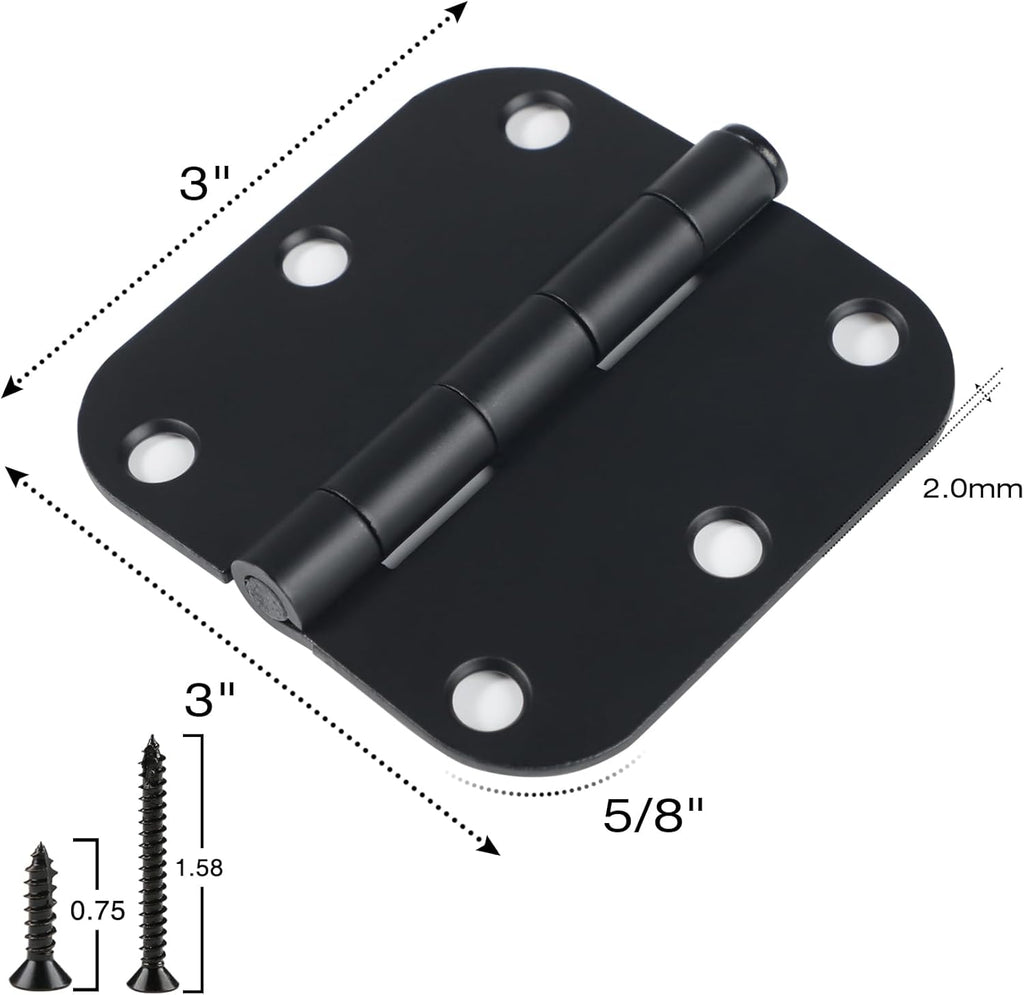12 Pack 3 Inch Hinges Rounded Matte Black Door Hinges Interior Door Hinges Black Matte 3 Inch Door Hinge 5/8" Radius