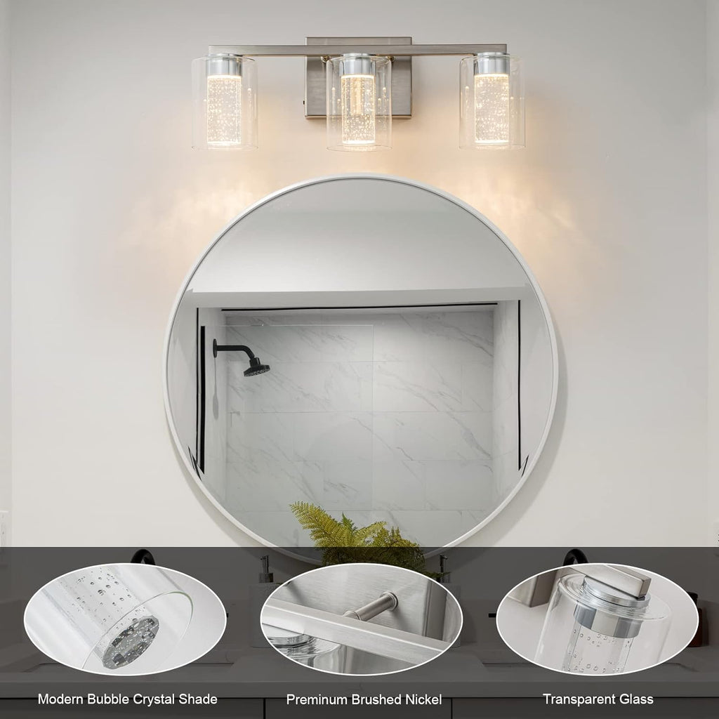 3-Light Brushed Nickel Vanity Light with 3 Color Modes (3000K/4000K/6000K), Eye Protection LED Bathroom Light