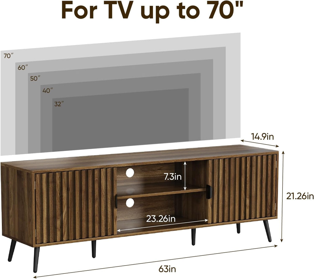 63-Inch TV Stand for TVs up to 70 Inch, Mid-Century Modern Television Stand, Entertainment Center with Fluted Doors