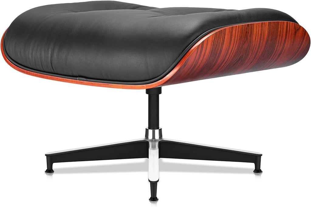 Mid-Century Modern Lounge Chair & Ottoman — Black Bonded Grain Leather, Rosewood Base, Tall Back