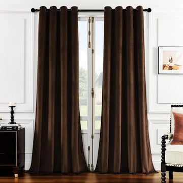 Brown Luxury Velvet Curtain Panels with Grommet, Insulated Soft Privacy Noise Reducing Velvet Window Drapes
