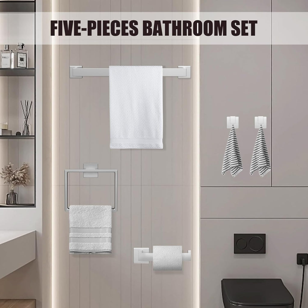 5 Piece Brushed Nickel Towel Bar Set Bathroom Hardware Set Brushed Nickel Bathroom Accessories Set with 2 Towel Hook