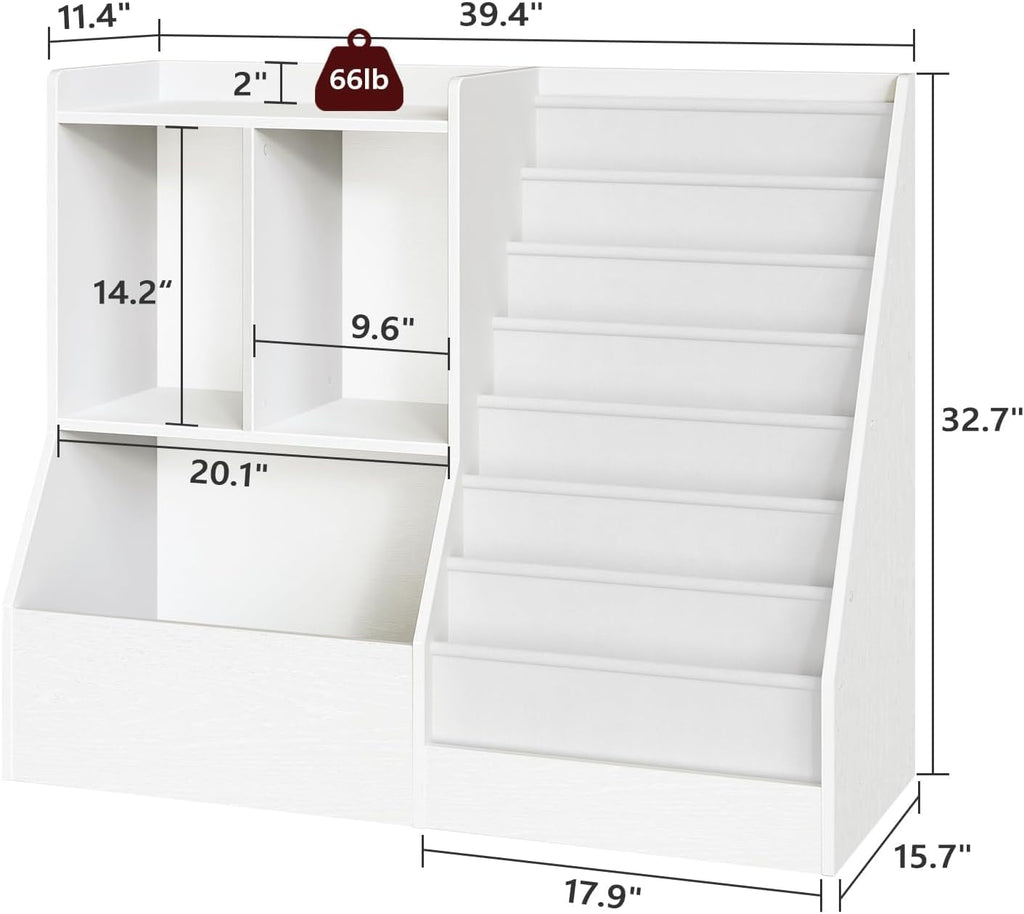39.4" Kids Bookshelf and Toy Storage, 7 Layer Kids Book Sling Shelf, Toddler Bookshelf, Kids Bookcase, Toy Organizer