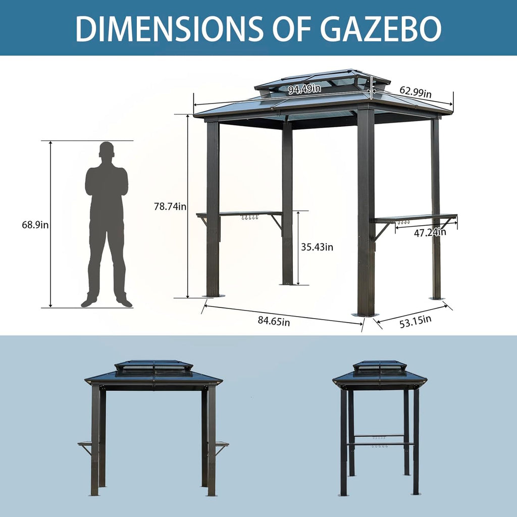 8' x 5' Hardtop Grill Gazebo with Double Roof, Polycarbonate Panels, Aluminum Frame & Galvanized Steel for Patio and Backyard
