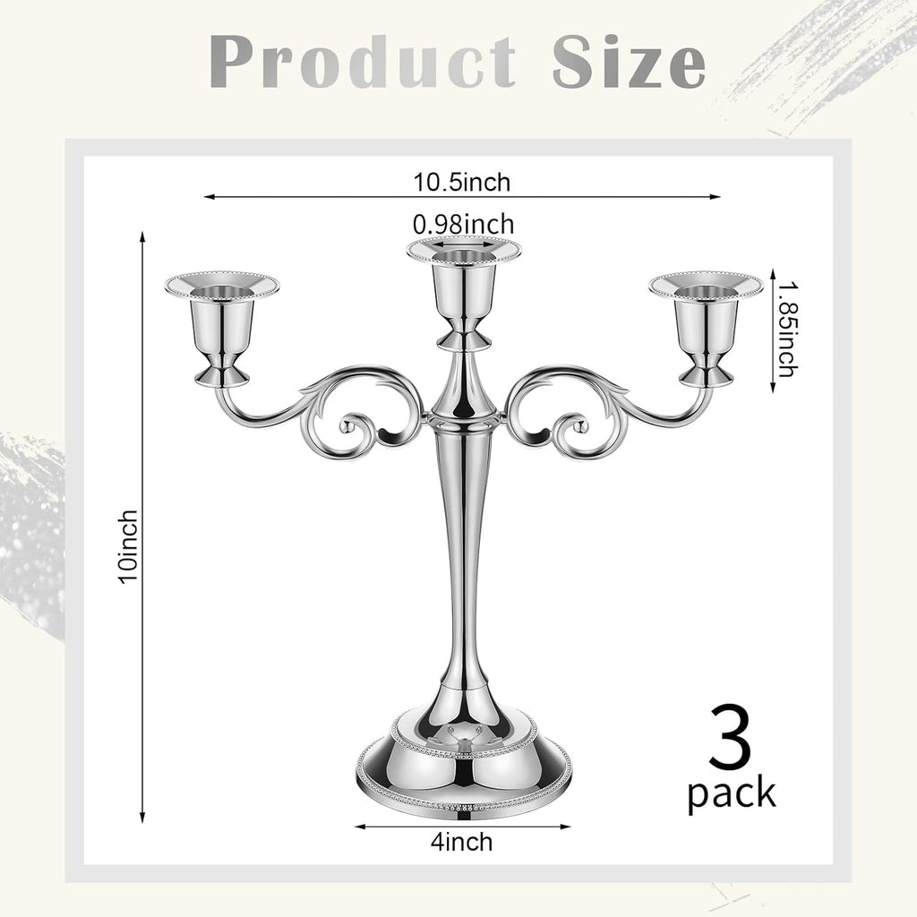 3 Pcs 3 Arm Metal Candelabra Candlestick Holders Tall Candlestick Holders Gothic Candle Holdery (Classic,10 Inch,Silver)