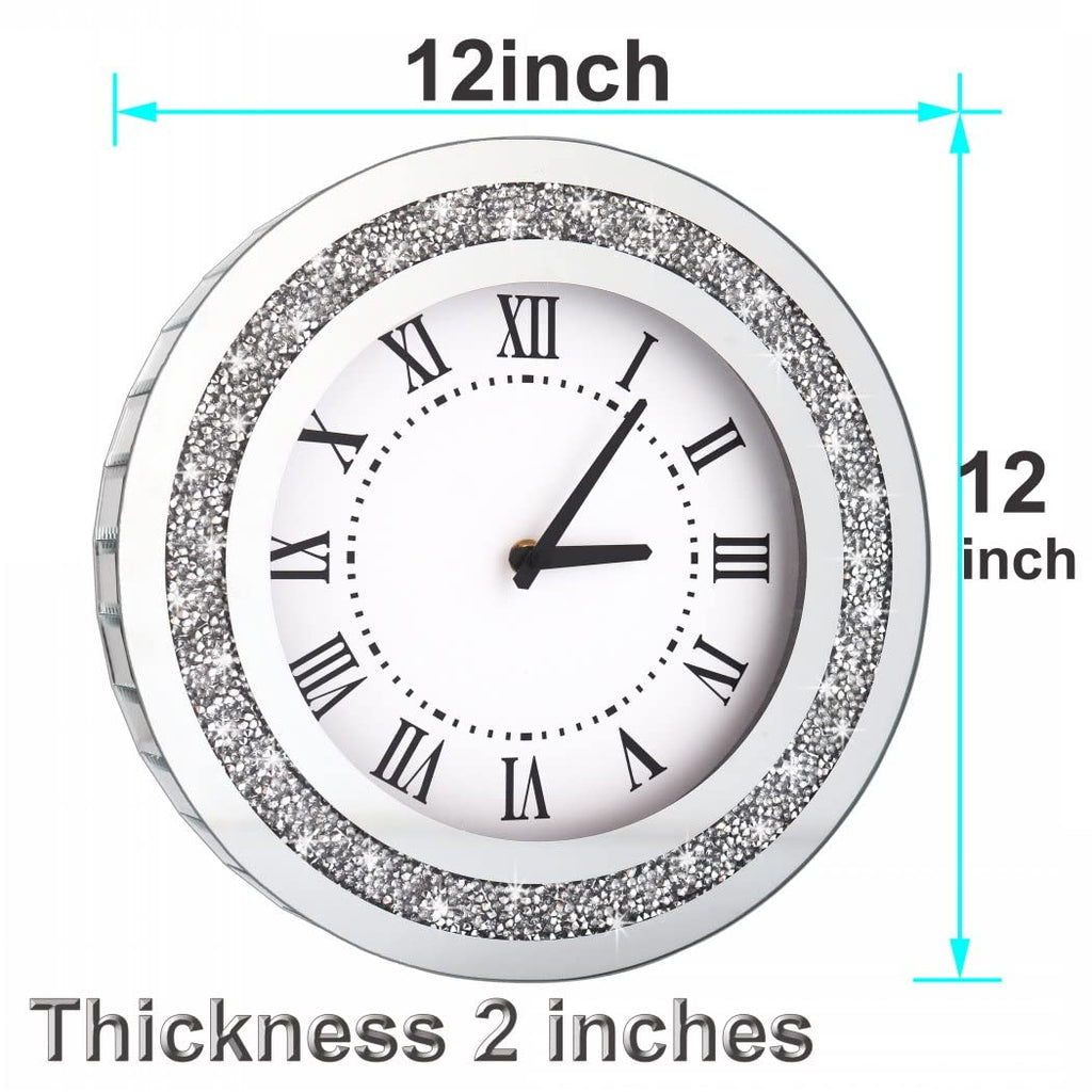 Silver Round Mirror Clock 12inch Crystal Sparkle Twinkle Bling Crush Diamond Mirrored Wall Clock for Wall Decoration