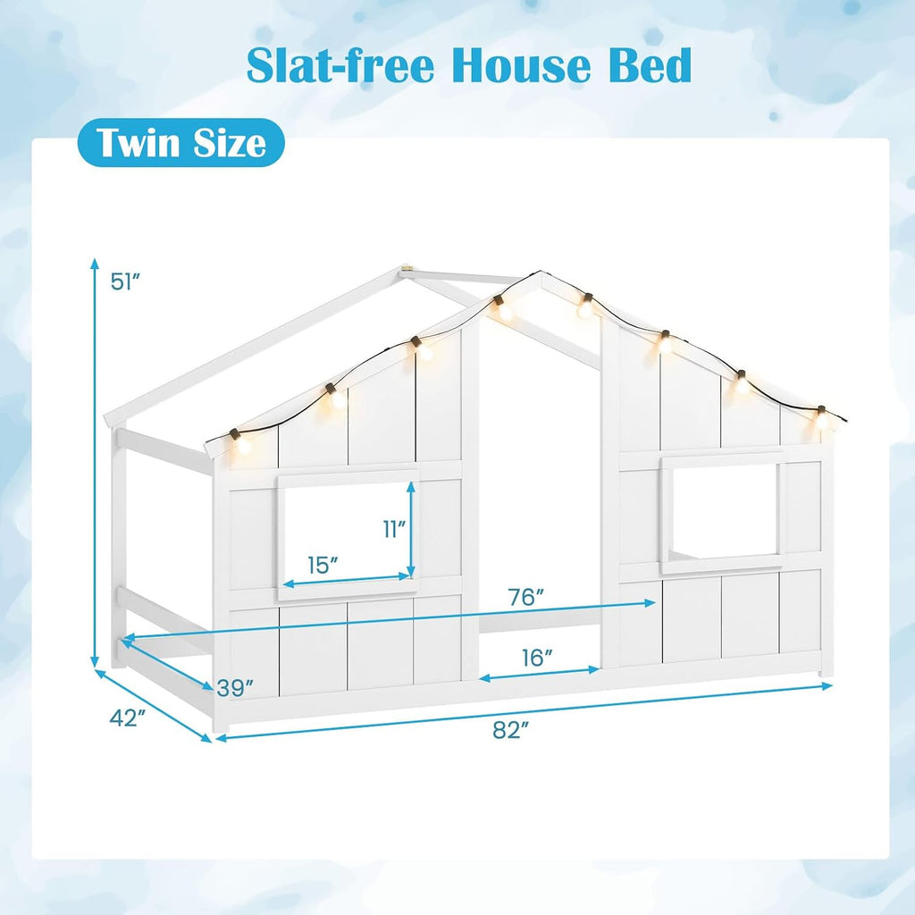 Twin Kids House Bed with Light Bulbs, Wooden Montessori Floor Bed Frame with Roof & Windows, Twin Floor Bed for Kids