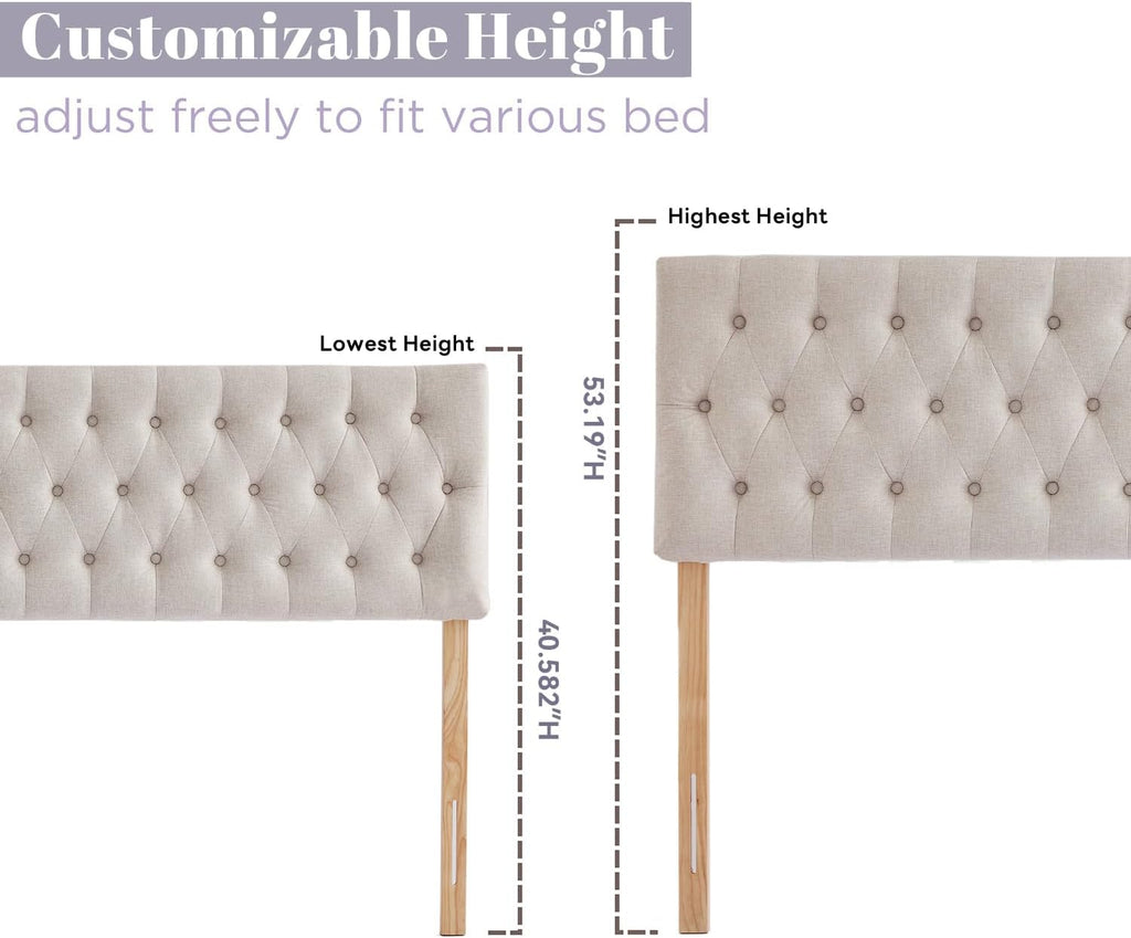 Tufted Upholstered Queen Bed Headboard in Modern Button Design, Adjustable Solid Wood Head Board, Premium Linen