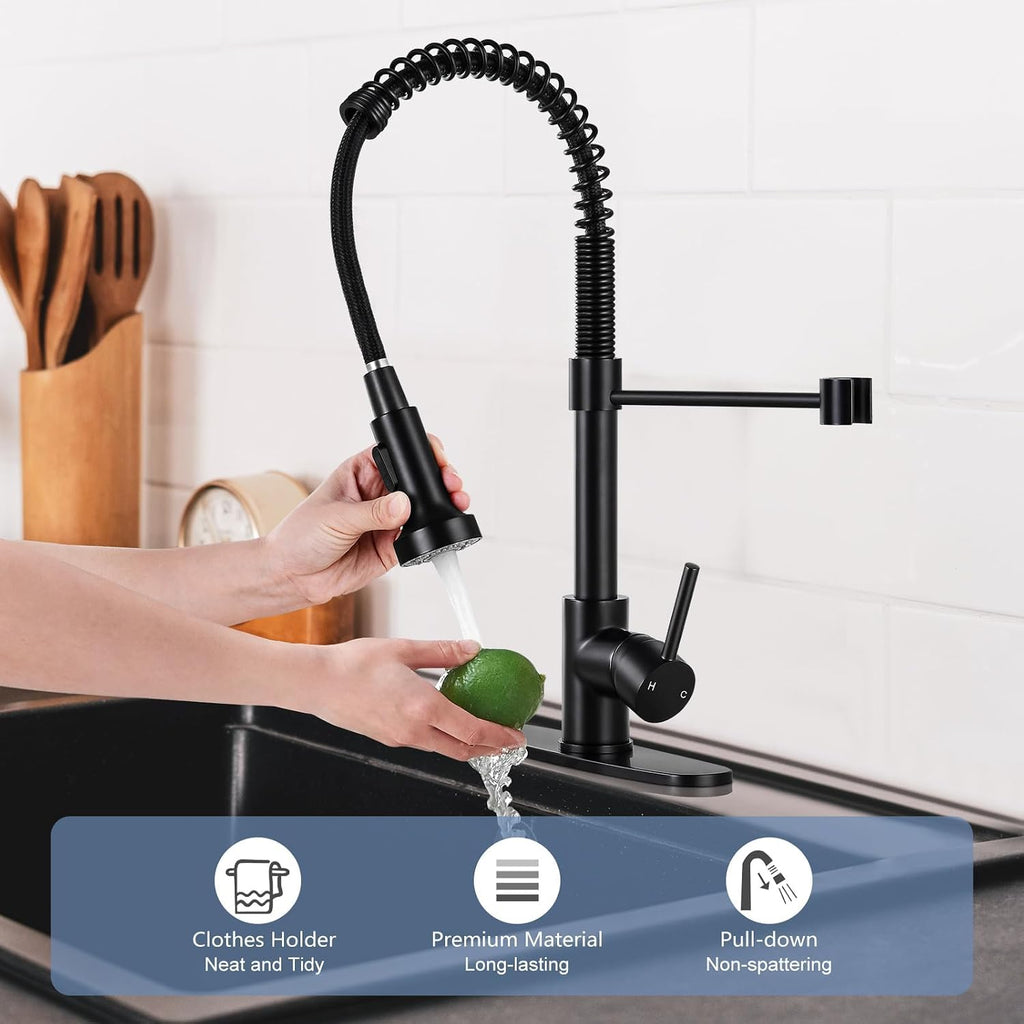 Kitchen Faucets with Pull Down Sprayer Single Handle 1 or 3 Holes Spring Kitchen Sink Faucet with Deck Plate for Farmhouse RV Vessel Basin (Matte Black)