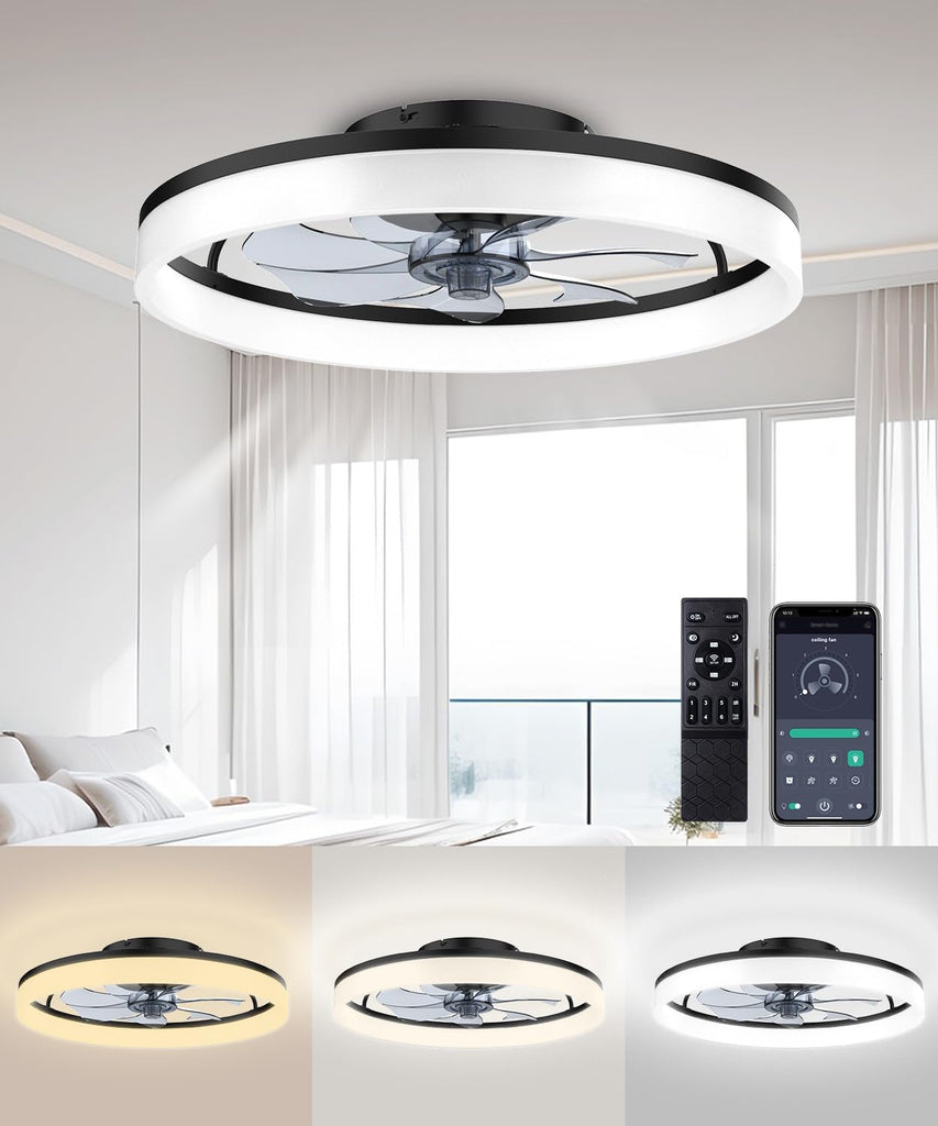 Ceiling Fans with Lights and Remote, 20" Modern Low Profile Ceiling Fan with Light, Stepless Color Temperature Change and 6 Speeds for Bedroom, Kids Room and Living Room (Black) A101-B0D297458G
