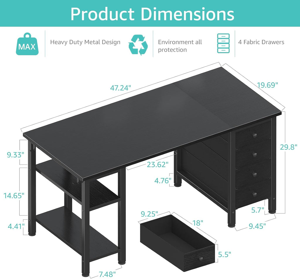 Gaming Desk with 4 Fabric Drawers & Storage Shelves, 47 inch Computer Writing Work Study Desk Bedroom
