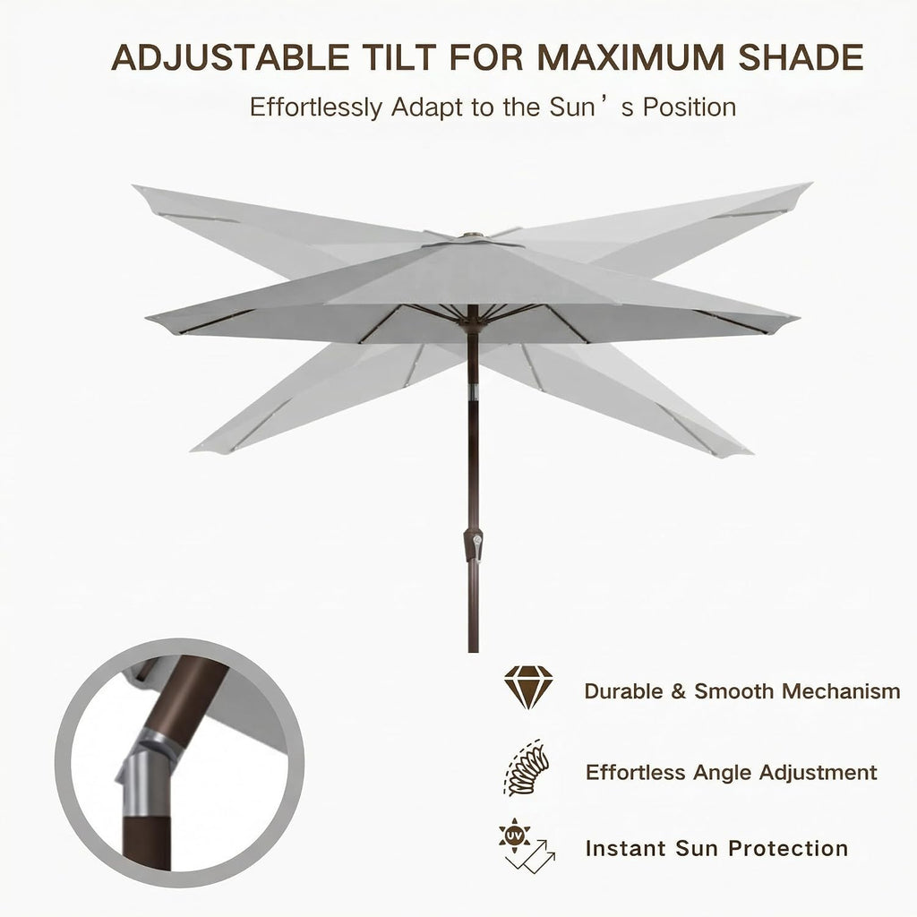 9FT Outdoor Patio Umbrella with Solar Lights, Market Table Umbrella with Push Button Tilt & Crank, 8 Sturdy Ribs