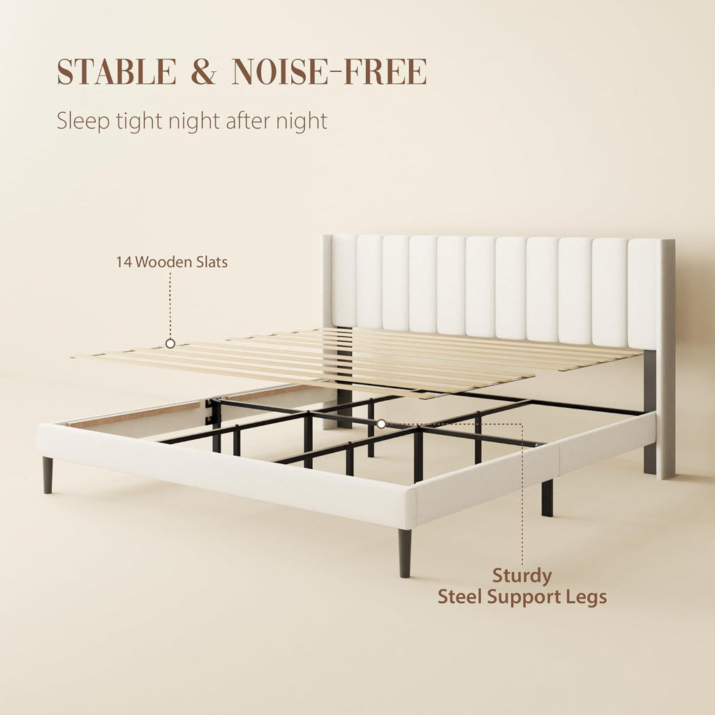 King Bed Frame and Headboard,Vertical Channel Tufted Wingback No Box Spring Needed, Mattress Foundation