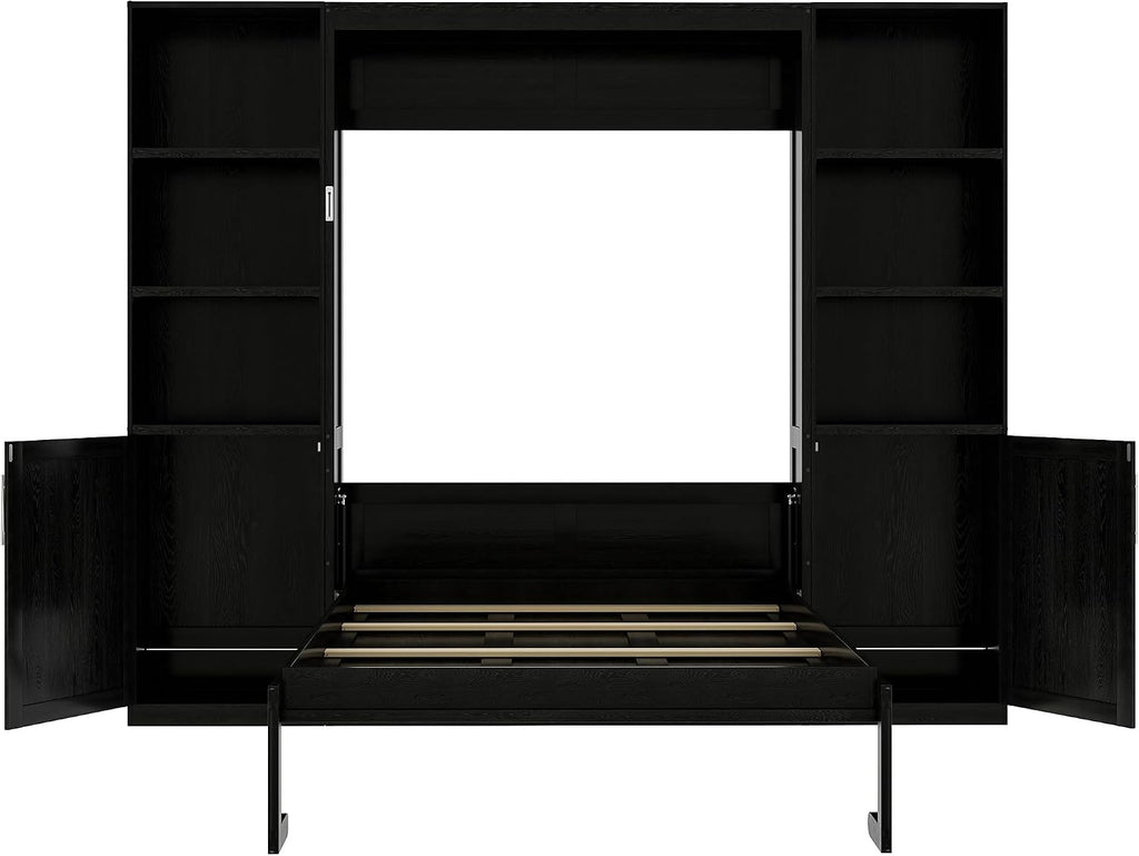 Queen Farmhouse Murphy Bed with Storage Bookcase Shelves and Cabinets, Solid Wood Foldable Hidden Vertical Murphy