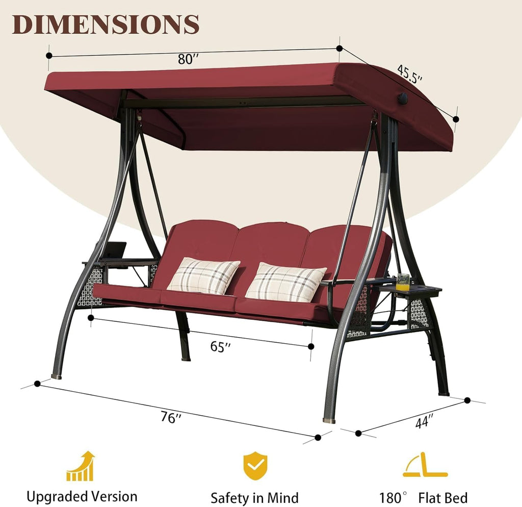 3-in-1 Outdoor Porch Swing with Stand (Red, Square Tube) | 3-Seater Patio Swing with Adjustable Canopy , Backyard