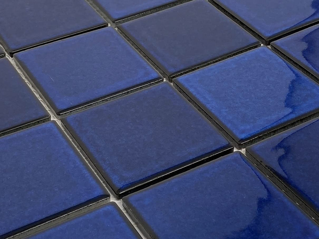 Premium Quality 3x3 Cobalt Blue Square Pattern Porcelain Mosaic Floor Wall Tile on Mesh Mounted Backsplash, Pool