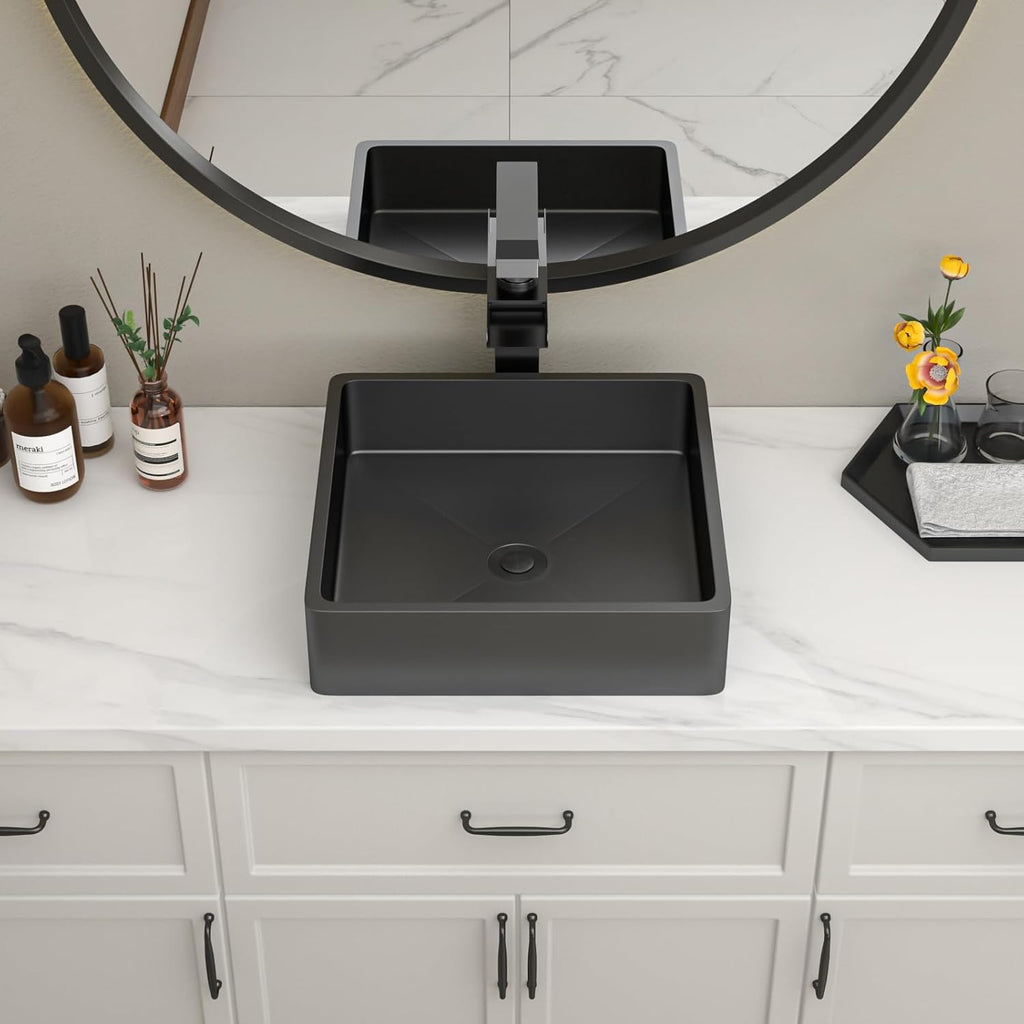 15 Inch Black Bathroom Vessel Sink, 15"x15" Black Vessel Sink Stainless Steel Above Counter Bathroom Sink 16 Gauge