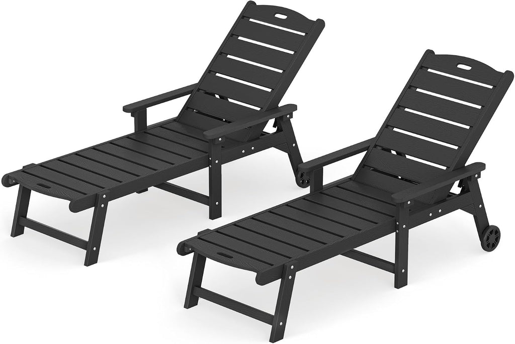 Outdoor Chaise Lounge, 5‐Position, 2‐Pack, Black | HDPS Oversized Lounge Chair with Armrest, Fade & Crack Resistant